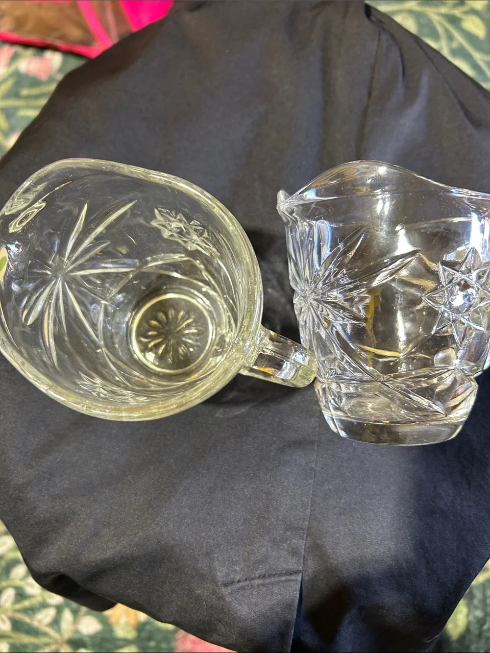 Clear Glass Creamer and Sugar Set with Starburst Embossed Design